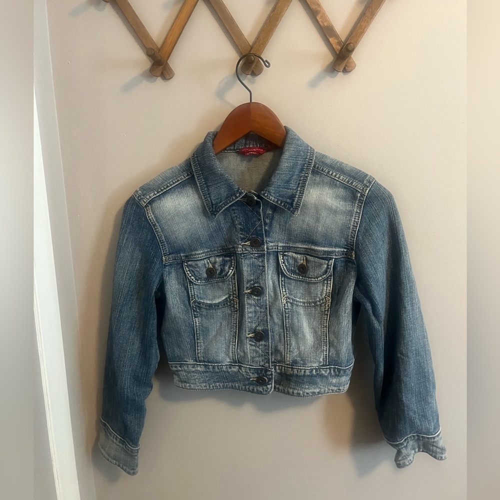 Guess Y2K stretch cropped denim jacket  with embroidery and sparkles on the back